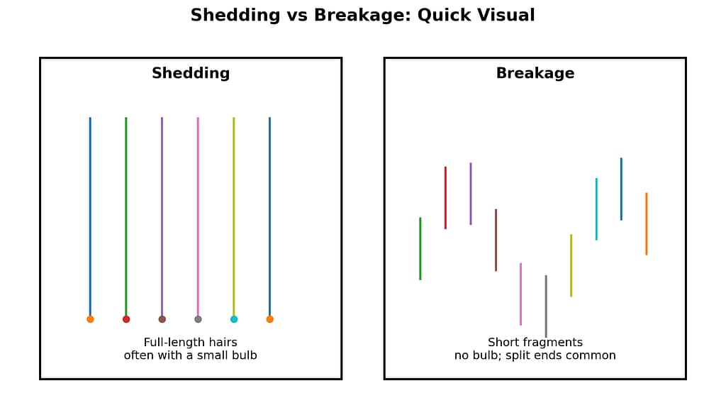 Visual guide comparing hair shedding vs hair breakage.