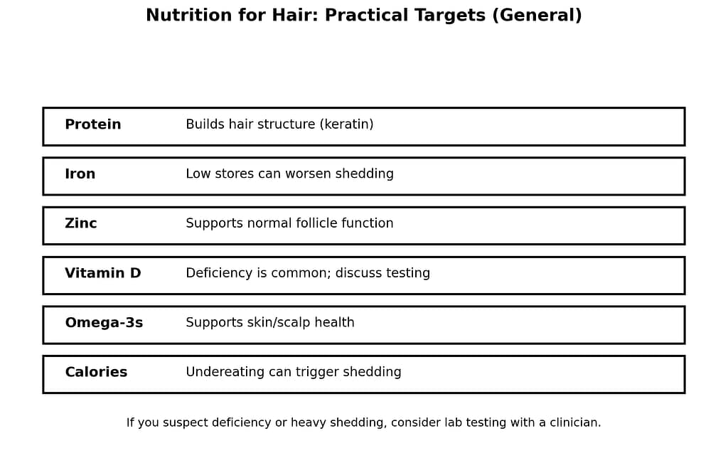 Hair health nutrition checklist with protein, iron, zinc, vitamin D, and omega-3
