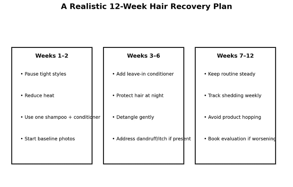 Twelve-week hair recovery plan for reducing shedding, lowering breakage, and improving scalp care