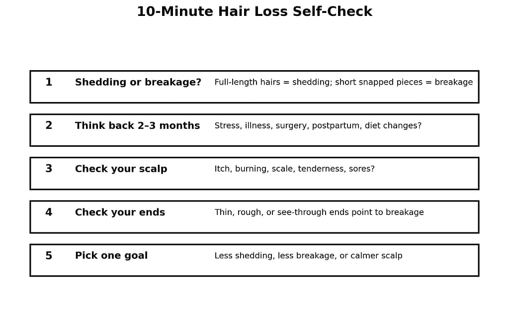 Ten-minute self-check for shedding, breakage, and scalp symptoms when hair seems slow to grow back.